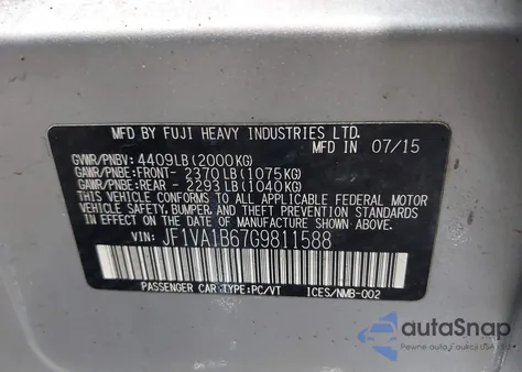 2016 Subaru Wrx из США, поврежденный, VIN JF1VA1B67G9811588